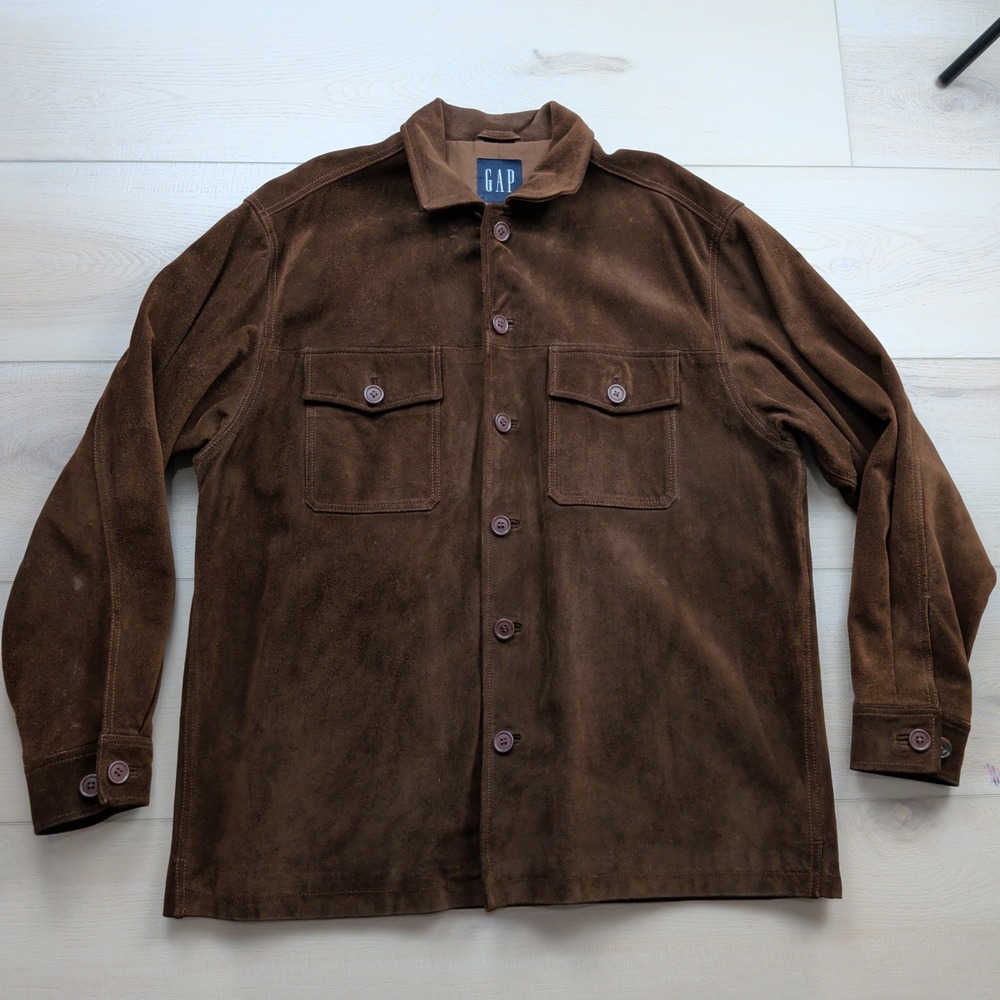 Vintage Gap Mens Large Brown Genuine Suede Leather Button Front Shirt Jacket 90s